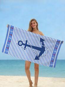 1pc Fashionable Simple Blue Striped Beach Towel, Anchor & Ocean Printed Beach Towel, Super Soft Quick Dry Beach Towel, Suitable For Travel, Camping, Swimming Pool, Yoga, Fitness, Shower, Beach Swimming Accessories, Beach Holiday Essential Gift (Single-Sided Floral Print, Multiple Colors Available) - Blue Stripes - View 3