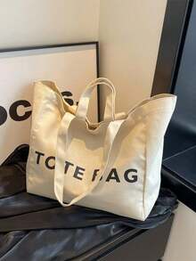 撞色轻便手提包，适合上学、去图书馆、购物、旅行、户外野餐，大容量单肩包 - 米色 - 查看 3