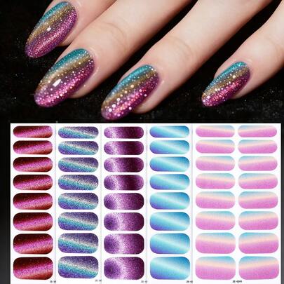 80pcs Cat Eye Nail Stickers, Metallic Glitter Ombre Full Nail Wraps, Women's Party DIY Manicure Nail Art Decals Set