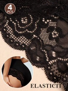 MEIYATING Bộ 4 chiếc quần lót ren nữ, cạp cao, ôm bụng, khoét lỗ, thoáng khí, họa tiết hoa. - Nhiều màu - Xem 6