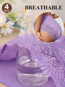 MEIYATING Bộ 4 chiếc quần lót ren nữ, cạp cao, ôm bụng, khoét lỗ, thoáng khí, họa tiết hoa. - Nhiều màu - Xem 7