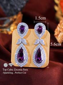 1 Pair Luxurious Purple Water Drop Cubic Zirconia Long Leaf Dangle Earrings, Silver Plated CZ Women Elegant Jewelry For Brides, Bridesmaids, Engagement, Banquet, Party, Prom, Valentine's Gift - Purple - View 5