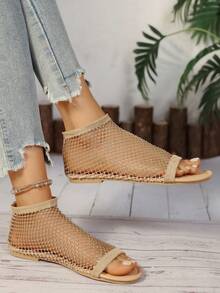2025 Round Toe Flat Hollow Peep Toe Open Toe Rhinestone Sandals, Women Plus Size Casual Fishnet Breathable Slip-On Elastic Band Rhinestone Slouchy Shoes, In Stock - Gold - View 7