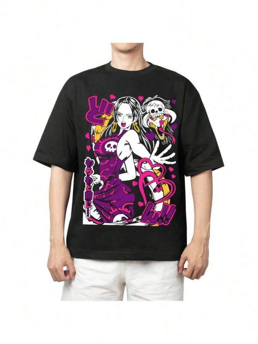 Mens Tshirts Men's Fashion Print Casual Anime T-Shirt With Cartoon Characters And Neon Pink Purple Black Pink Print - Soft Crew Neck Casual T-Shirt Suitable For Exhibitions And Daily Wear - Iconic Ukiyo-E Style Design Men's Fashion Print Casual T-Shirt Casual Summer T-Shirt, Comfortable Outdoor Casual Wear - 黑色 - 查看 1