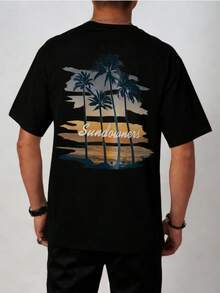 Men's Round Neck Landscape & Letter Print Casual Versatile Daily Wear Short Sleeve T-Shirt - Black - View 2