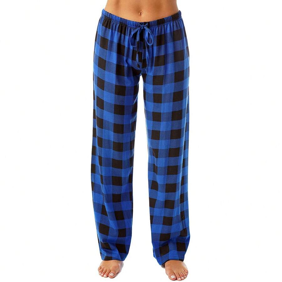 Pajamas Pants For Men 2025 Lounge Cute Plaid Pants Soft Comfy Wide Leg Trousers Sleep Bell Bottom - Màu xanh lam - Xem 1