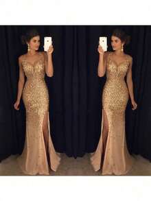 Glitter Gold Flakes High Waist Party Party Party Long Dress Evening Dress Elegant Dress - 金色 - 查看 3