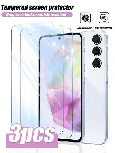 3 piezas Protector de pantalla de vidrio templado ultra claro, superficie suave, resistente al agua/sudor/residuos, compatible con Samsung S26 Ultra/S26 Plus/S26 Ultra/S24 Plus/S24/S25/S25plus/S25ultra/S23 Ultra/S23/S23 Plus/S23FE/S24FE/S22 Ultra/S22/S22 Plus/S21 Ultra/S21/S21 Plus/S21 FE/S20 Ultra/S20FE/A55/A54/A53/A17/A16/A15 Series. Resistente a los golpes, ajuste preciso, fácil instalación, adecuado para varios escenarios para proteger la pantalla del teléfono.