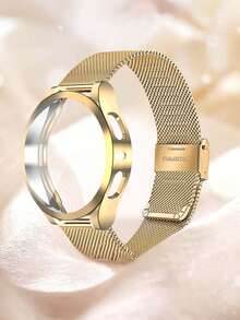 1条不锈钢网状表带+表壳套装，兼容三星Galaxy Watch 4 40mm/44mm、Galaxy Watch 5 40mm/44mm、Galaxy 6/7 40mm/44mm，男女通用智能手表配件表带，双扣设计，金色 - 金色 - 查看 2