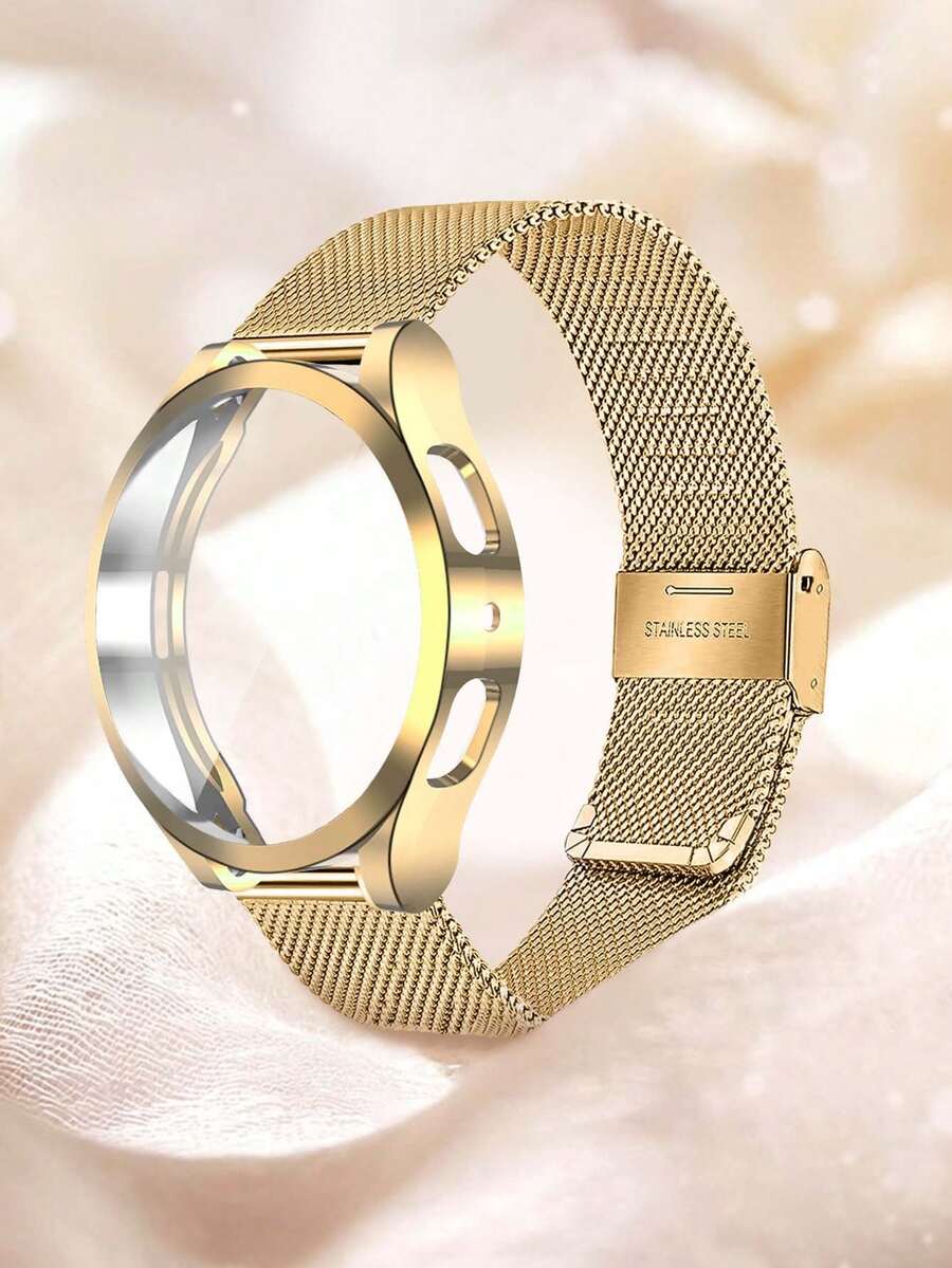 1条不锈钢网状表带+表壳套装，兼容三星Galaxy Watch 4 40mm/44mm、Galaxy Watch 5 40mm/44mm、Galaxy 6/7 40mm/44mm，男女通用智能手表配件表带，双扣设计，金色