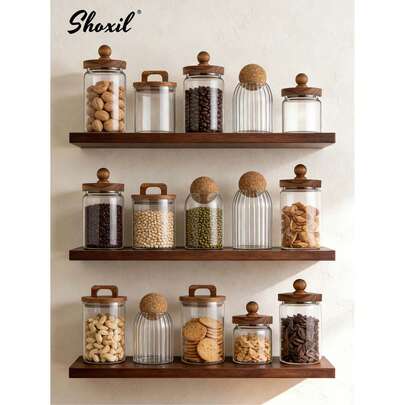 shoxil 1pc Glass Coffee Jar, Storage Jar, Tea Jar, Sealed Cork Glass Jar, Coffee Bean Dried Fruit Storage Jar,