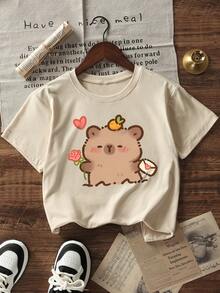 少女休闲印花圆领短袖T恤，夏季上衣 - 杏色 - 查看 4