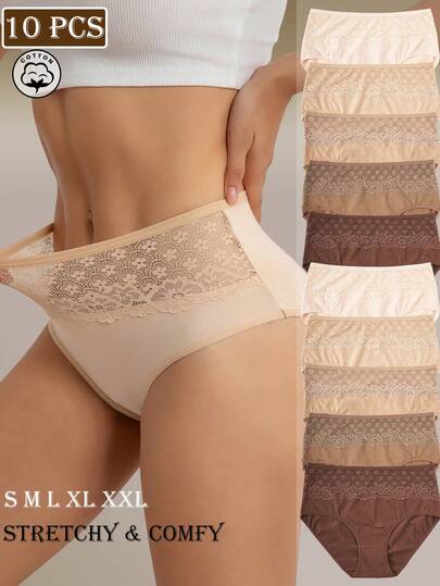 10pcs Embroidered Floral Lace High-Waist Women's Panties