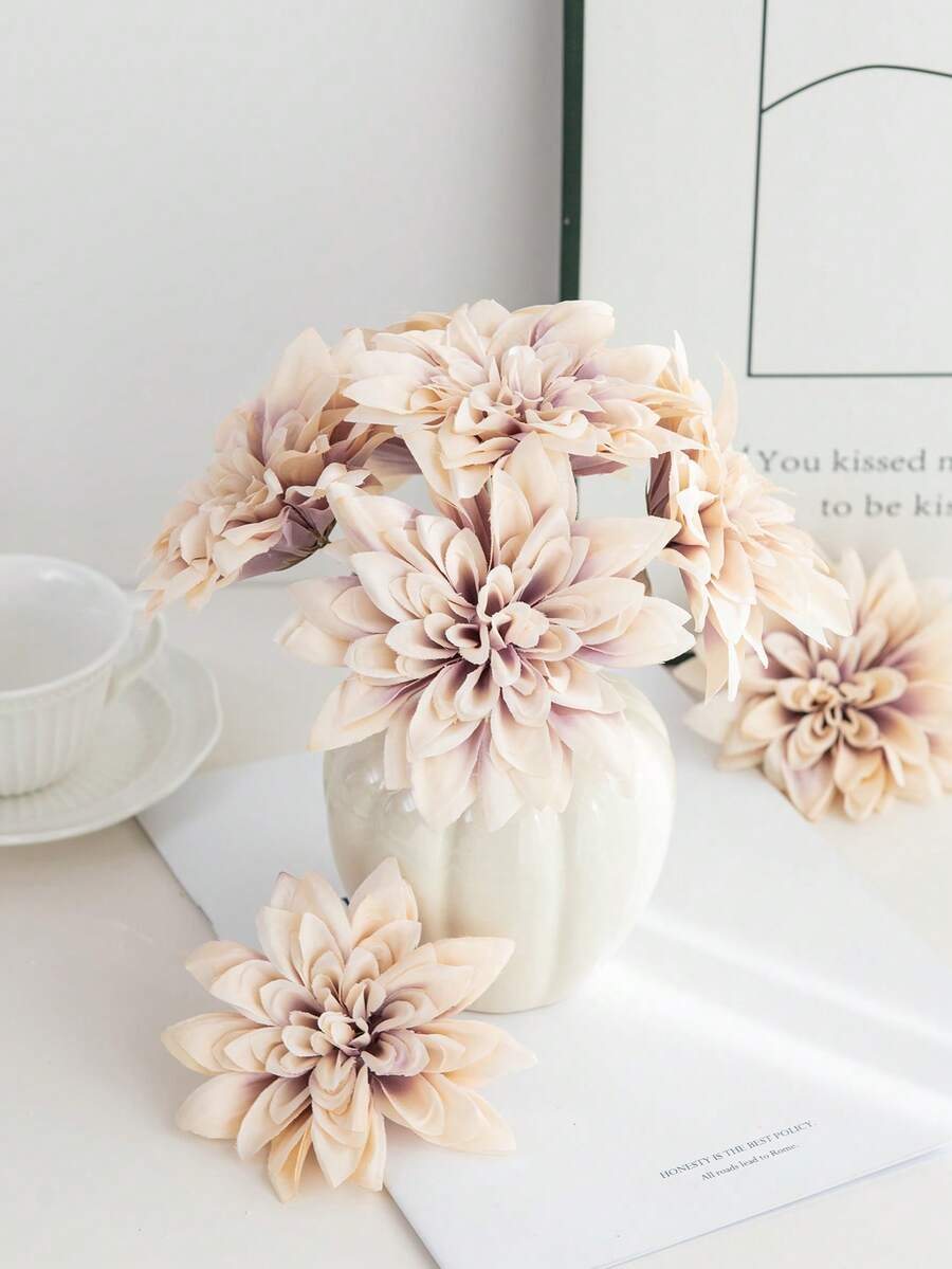 5/12支香槟色仿真大丽花带茎人造花，丝绸仿真花，适用于家居装饰、春季餐桌摆饰、户外花园装饰、派对、礼品、新娘手腕花、情人节和母亲节装饰 - 紫咖色 - 查看 1