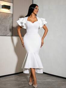 Vestido elegante y noble blanco ajustado con bajo de sirena para mujer AOMEI, escote en forma de corazón, mangas cortas con volantes, elegante para fiesta, invitada de boda, aniversario de boda, vestido de verano - Blanco - Ver 5