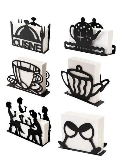 1pc Western Restaurant Themed Black Napkin Holder, Multiple Iron Art Styles Available (Knife & Fork/Teapot/Wine Glass/Coffee Cup/Couple), Creative Dining Table Tissue Box Decor, Iron Napkin Holder, Tabletop Organizer, Kitchen & Restaurant Accessory