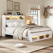 Wood Platform Bed Frame With Bookcase Storage Headboard And Footboard, Farmhouse Bed With LED Light ,Full/Queen/King Size - Xem 1