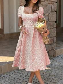 女士春夏优雅方领花瓣袖印花纹理腰部喇叭下摆中长连衣裙，适合度假、婚礼、派对等场合，粉色 - 粉色 - 查看 10