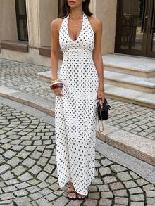 Unadoll Women's Summer Low Cut, Long Tie Neck, Backless, Zipper, Polka Dot Fabric Sexy And Elegant Dress, Suitable For Dates, Vacations, Parties, Dinners, Valentine's Day, Birthdays And Other Occasions - White - View 1