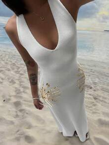 Women's New Style White V-Neck Sleeveless Sequin Crisscross Tie Backless Slim-Fit Dress, Sexy Elegant Fashionable Casual Beach Vacation Party Valentine's Day Outfit, Spring And Summer - Multicolor - View 2