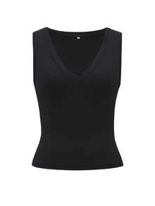 Vaiaye Women's Sexy Fitted Deep V-Neck Sleeveless Tank Top, Solid Color Knit Tank Top, Women's Fitness Clothing, 2026 Spring & Summer Carnival Apparel, Suitable For Daily Wear And Commuting Casual Black - Black - View 3