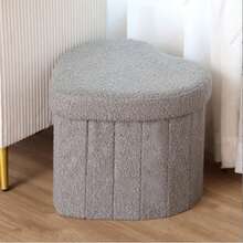 Teddy Velvet Heart-Shaped Folding Storage Box, Household Shoe Changing Stool, Storage Basket, Multi-Functional Storage Stool. - Grey - View 3