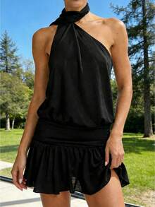 Women's Summer Ruched Halter Dress Tie Back Ruffle Sleeveless Bodycon Mini Dresses - 黑色 - 查看 1