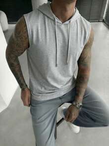 GRDR 1 pieza Chaleco con capucha sin mangas de unicolor para hombre, moda deportiva casual de verano - Gris Claro - Ver 2