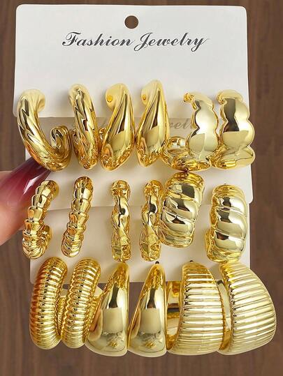 9对/套 时尚几何CCB不规则轮胎纹耳环套装 女士日常装饰首饰礼品