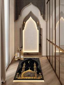 天鹅绒加厚豪华祈祷毯，跪垫，带流苏祈祷垫，绿色和金色伊斯兰拱形花卉图案，可机洗，防滑，柔软舒适，经久耐用，可折叠，适合穆斯林、清真寺、室内/室外伊斯兰祈祷活动、斋月使用。 - 彩色 - 查看 7