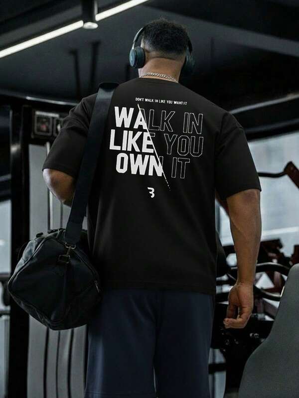 男士夏季时尚字母印花短袖T恤，适合户外运动、日常穿着、健身房锻炼