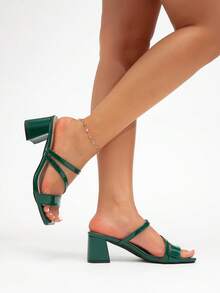 Sandal nữ màu xanh lá cây bằng da PU, hở mũi, đế dày, dễ phối đồ, phù hợp đi làm, công sở, dự tiệc, công tác, mùa xuân/hè. - Màu xanh lá cây đậm - Xem 3