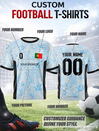 Customizable Plus Size Men's Soccer Jersey - Portugal Design, Crew Neck, Quick-Dry Breathable Fabric, Suitable For Team Matches, Training, Sports, Casual Wear, Cheering, Gifts For Spring/Summer Sports Season