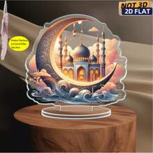 Decoração de Mesa Plana 2D, Elegante de Acrílico para Eid Al-Fitr - Lua Crescente Clássica com Padrões Intrincados e Ornamento Brilhante, Perfeito para Ramadã e Celebrações Islâmicas, Decoração Festiva para Casa e Cozinha, Decoração de Ramadã | Decoração de Padrão Intrincado | Estética Tradicional - Multicolorido - Visão 3