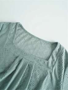 Embroidery Square Neck T-Shirt, Casual Short Sleeve Front Pleat Top, Elegant Women Clothing For Spring And Summer - Bean Green - View 4