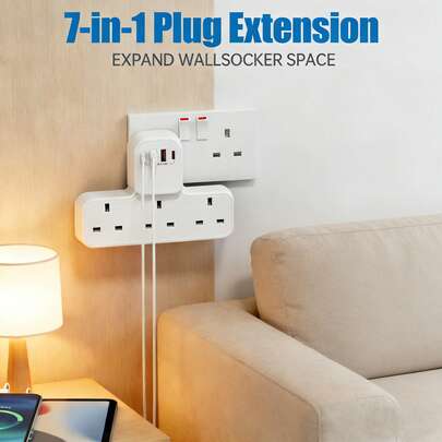 7-In-1 UK Standard Plug Socket, Portable UK Wall Outlet Power Strip With 2 USB-C & 2 USB-A Charging Ports, Suitable For 250V Household Appliances