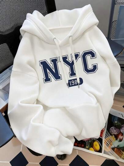 Mujer sudadera urbana básica con estampado gráfico NYC tejido suave corte holgado capucha manga larga otoño invierno casual versátil diario top