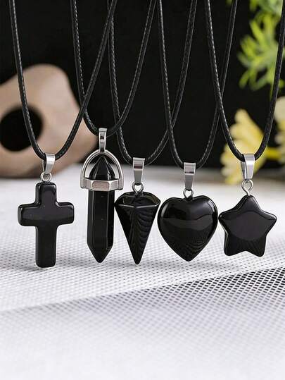 1/5 chiếc Vòng cổ mặt dây chuyền pha lê thủy tinh hình trái tim bằng đá Obsidian đen, có mặt đá thạch anh hình chữ thập và hình lục giác, Vòng cổ dây da có thể điều chỉnh, Quà tặng thời trang Unisex phù hợp cho ngày lễ Tự làm đồ trang sức
