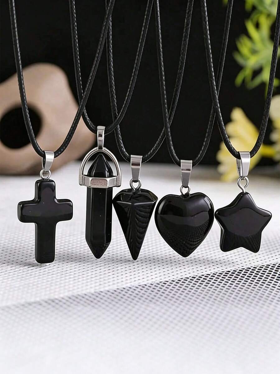 1/5 piezas Colgante de collar con forma de corazón de cristal de obsidiana negra, con encantos de piedras de cruz y cuarzo hexagonal, collar de cordón ajustable, regalo de moda unisex adecuado para festividades, para hacer joyería DIY - Negro - Ver 1