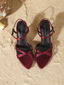 On feet& in love Women's Fashionable Elegant Pointed Toe Thin High Heel Sandals With Criss-Cross Strap Open Toe High Heels, Suitable For Dresses In Summer - Burgundy - View 6