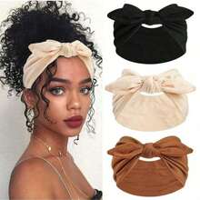 3件装女士蝴蝶结兔耳发箍，波西米亚风宽头巾，超可爱兔耳打结发箍，情人节配饰，复活节兔耳头饰，秋冬发箍，非洲风头巾，弹力纯色蝴蝶结发饰，适合女性，健身/瑜伽/运动/户外，纯色 - 彩色 - 查看 8