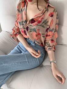 Camisa de mujer Camisa de manga larga con protección solar para mujer, con diseño vanguardista, holgada y elegante, con estampado floral en gasa. - Rosa - Ver 8