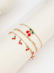 3pcs/Set Fashionable Charming Red Cherry Anklet, Adjustable Chain Bracelet Jewelry, Beach Party Gift For Women - Yellow Gold - View 3