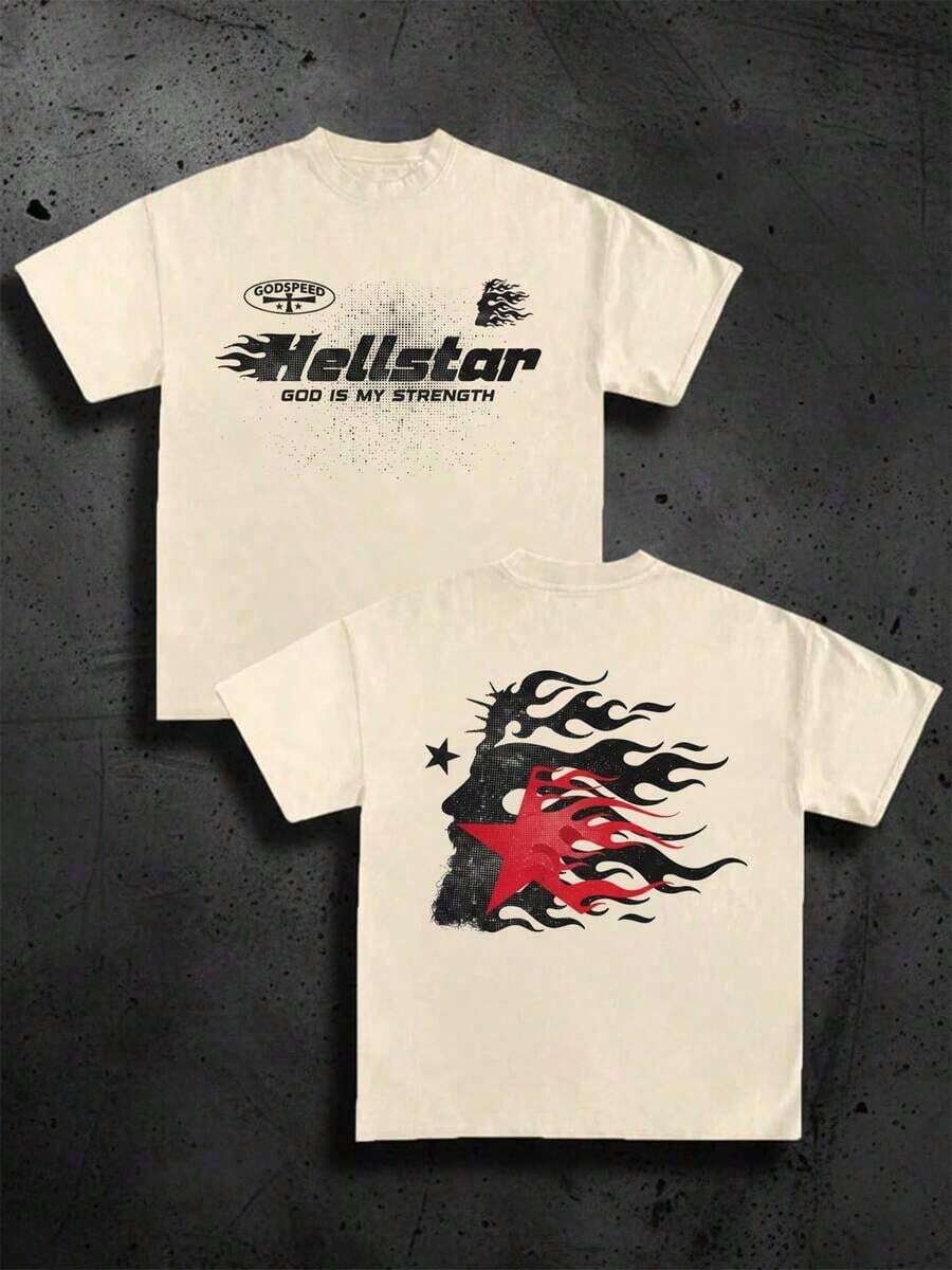 1 Pcs(220 Cotton T-Shirt Double-Sided Printing) 1pc  Flame & Star Graphic T-Shirt, Y2K, Streetwear, Digital Print T - Shirt Casual Comfort Cotton Tee For Spring & Summer Fall Men's Clothing, Halloween Gift,Unisex - Màu be - Xem 1