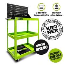 carrito organizadorKroner Carro de Herramientas Metálico 3 Pisos con Panel Porta Llaves Carrito Taller Mecánico con Ruedas y Freno - Verde Y Negro - Ver 3