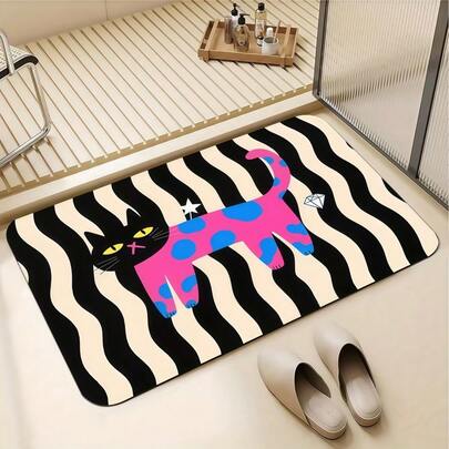 1 tấm thảm tắm Diatomite in hình mèo sọc lượn sóng đen trắng - Bề mặt mềm mại, ấm cúng với họa tiết chấm bi hồng xanh ngộ nghĩnh hình mèo, chống trơn trượt và siêu thấm hút, thích hợp trang trí phòng tắm, vòi sen, bồn tắm hoặc lối vào.