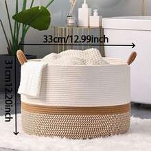 1 Giỏ đựng đồ lớn màu trắng nâu có tay cầm (11,61 inch * 6,5 inch) dùng để đựng quần áo, đồ chơi, gối, quà tặng, giỏ đựng đồ bằng dây cotton, phù hợp với nhiều mục đích sử dụng như giỏ đựng đồ giặt của em bé, phòng khách, phòng giặt, nhà trẻ, v.v. - Nhiều màu - Xem 7