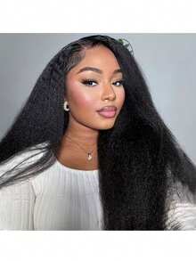 透明假发，蓬松直发长发假发，13x4蕾丝前假发，预拔毛预剪Yaki直发假发，180%密度蕾丝前假发，真人发预拔毛预剪，带婴儿发，新手友好，适合生日派对、毕业典礼、婚礼、度假，日常佩戴魅力十足，馈赠亲友。打造活力造型，多种造型选择（波波头假发，8-16英寸） - SNatural - 查看 5