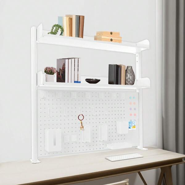 DDBESSIC Estantería de escritorio, organizador de escritorio con clip blanco y diseño de tablero perforado, acabado de pintura resistente a los arañazos, estantería de almacenamiento de varios niveles para libros, papelería, oficina, dormitorio, habitación de niños, dormitorio