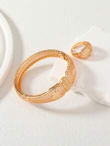 2pcs Rose Gold Plated Grid Flower Bangle & Ring Set, Heart Matte Textured Bracelet & Ring Jewelry Set, Daily Stacking, Ideal Gift For Ramadan - Rose Gold - View 5